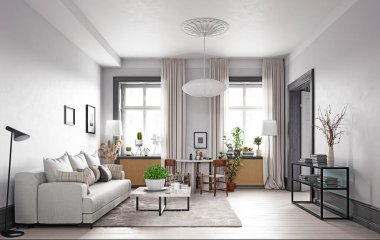 Modern yaşam iç tasarımı. 3d konsept resimleme