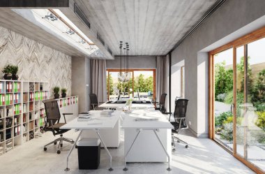 Modern ofis iç tasarım konsepti. 3d görüntüleme fikri