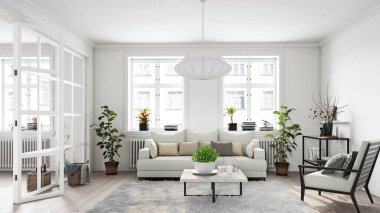 Modern yaşam iç tasarımı. 3d konsept resimleme