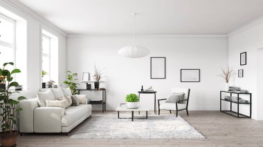 Modern yaşam iç tasarımı. 3d konsept resimleme