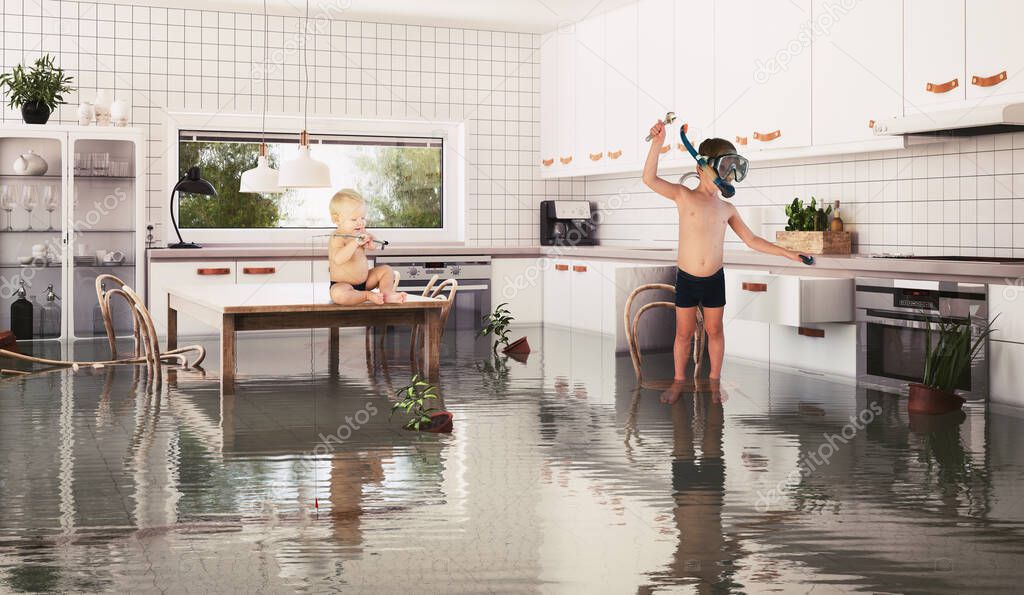 boys and flooding in the room. 3d and photo combination illustration