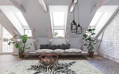 Modern yaşam iç tasarımı. 3d konsept resimleme