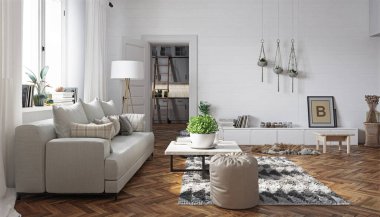 Modern yaşam iç tasarımı. 3d konsept resimleme