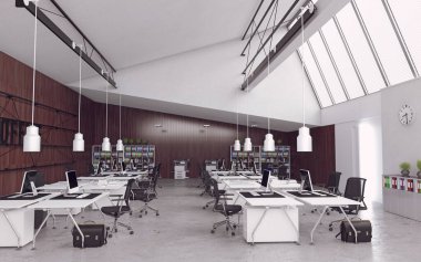 Modern ofis iç tasarım konsepti. 3d görüntüleme fikri
