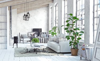 Modern yaşam iç tasarımı. 3d konsept resimleme