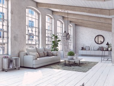 Modern yaşam iç tasarımı. 3d konsept resimleme