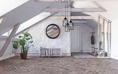 Modern yaşam iç tasarımı. 3d konsept resimleme