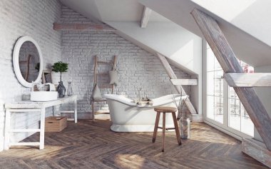 Modern banyo iç tasarımı. 3d konsept resimleme