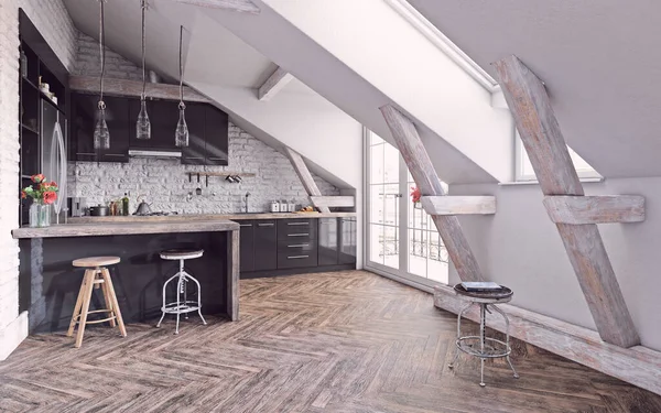 Moderne Einbauküche Dachgeschoss Konzeptillustration — Stockfoto