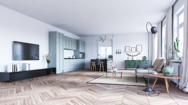 Modern yaşam iç tasarımı. 3d konsept resimleme