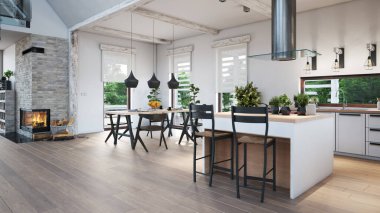 Modern mutfak iç tasarımı. 3d konsept resimleme