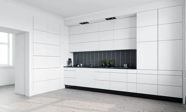 现代白色厨房的内部 3D渲染设计概念 — 图库照片