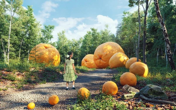 不思議の森の少女 写真と3Dコンパイル図 — ストック写真