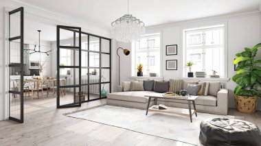 Modern yaşam iç tasarımı. 3d konsept resimleme