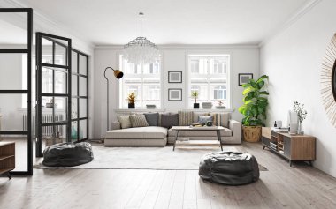 Modern yaşam iç tasarımı. 3d konsept resimleme