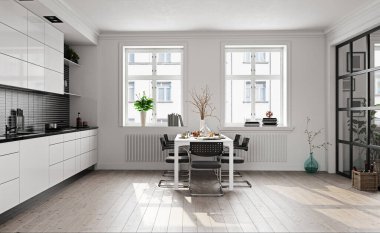 Modern beyaz mutfak. 3d tasarım kavramı