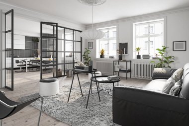 Modern yaşam iç tasarımı. 3d konsept resimleme