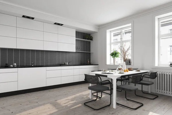 现代白色厨房的内部 3D渲染设计概念 — 图库照片