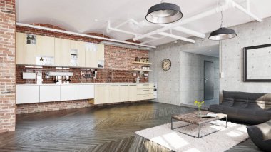 Modern mutfak iç mimarisi. 3d tasarım kavramı