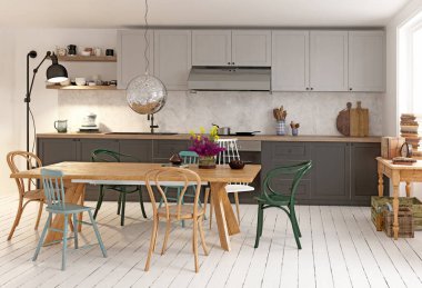 Modern mutfak iç mimarisi. 3d tasarım kavramı