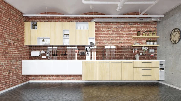 现代厨房的内部 3D渲染设计概念 — 图库照片