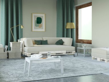 Modern bir oturma odasında boyanmış ahşap paletlerden yapılmış bir kanepe ve kanepe bulunur. Oda deniz mavisi perdeler, altın lambalar ve adaçayı rengi yeşil duvarlardaki soyut sanat eserleriyle süslenmiş. Hepsi beton zeminin üzerindeki gri bir halıya yerleştirilmiş. Bu bir 3d-r.