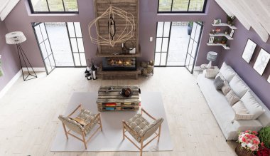 Şöminesi ve ahşap mobilyası olan modern bir köy salonu manzarası. 3d oluşturma.