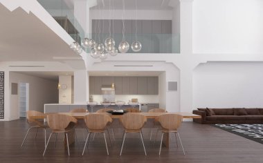 Geniş, açık planlı, yemek odası, mutfağı ve yaşam alanı olan modern bir ev..