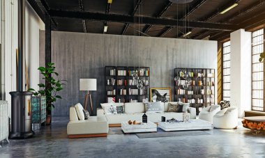 Geniş açılı bir modern endüstriyel çatı katı oturma odası. Yüksek bir tavan, kirişler, beton zeminler ve büyük beton bir duvar. Mekan beyaz bir kanepe, kitap rafları ve odun sobası ile döşenmiş. Bu 3 boyutlu bir çizim.