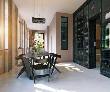 Parlak, modern tavan arası oturma odası. Kırsal ahşap kirişler, tavan penceresi ve parlayan ahşap zeminler. İçi palet bir kanepe, koyu bir sehpa içeriyor. 3 Boyutlu Hazırlama