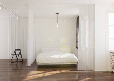 Modern bir stüdyo dairede minimalist bir yatak odasının 3 boyutlu görüntüsü. Tavan rayındaki beyaz perdeler boşluğu böler, beyaz bir yatak sarar..