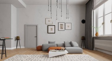 A 3D rendering of a modern living room interior featuring a grey and orange sectional sofa, a white coffee table, and a large window with natural light.