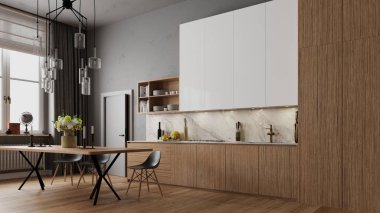 A 3D rendering of a modern kitchen and dining area with wood grain cabinets, a marble backsplash, and a wooden table under a contemporary chandelier.