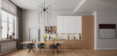 A 3D rendering of a modern open-plan kitchen and dining room with a wooden table, grey chairs, and a contemporary chandelier. The kitchen features wood and white cabinets, a marble backsplash, and light wood floors.
