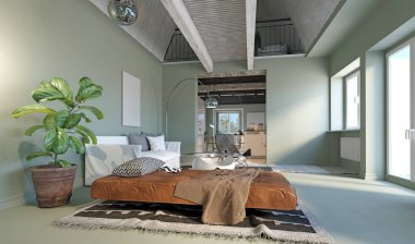 A 3D rendering of a modern loft living room with sage green walls and a beamed ceiling. The space features a white sofa, leather ottoman, potted plant, and a disco ball, with a view into the kitchen.