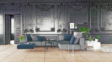 Siyah tarzı lüks iç. 3D render kavramı