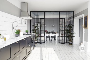 Modern mutfak iç. 3D render kavramı