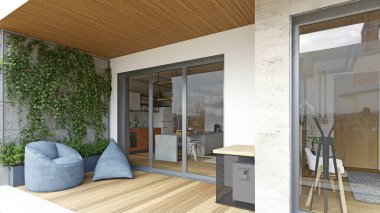 Ahşap döşemeli ve tavan kenarlı modern bir apartman balkonunun gerçekçi üç boyutlu görüntüsü. Solda, sarmaşığın dikey bahçesi mavi armut koltuğu ve minderin arkasındaki tel örgü duvara tırmanıyor. Büyük sürgülü cam kapılar bir küçümsemeyi gösteriyor.