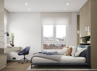 Modern bir yatak odasının gerçekçi bir 3 boyutlu yansıması ve ofis çalışma alanı. Odada, bej bir gardırobun yanına yerleştirilmiş gri ve mavi yataklı ve çeşitli yastıklı tek bir yatak bulunuyor. Yatağın karşısında parlak bir masa var.