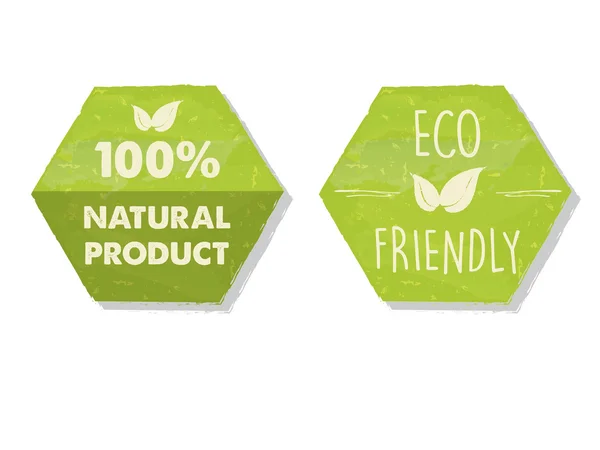 100% natural y ecológico con signo de hoja en verde hexagonal — Foto de Stock