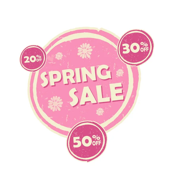 Venta de primavera y porcentajes de descuento, rosa etiqueta redonda dibujada —  Fotos de Stock