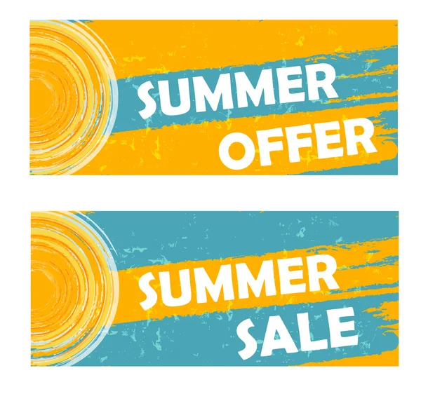 Oferta de verano y venta con signo de sol, pancartas dibujadas — Foto de Stock