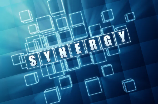 Synergie in blauw glas kubussen 3d illustratie — Stockfoto