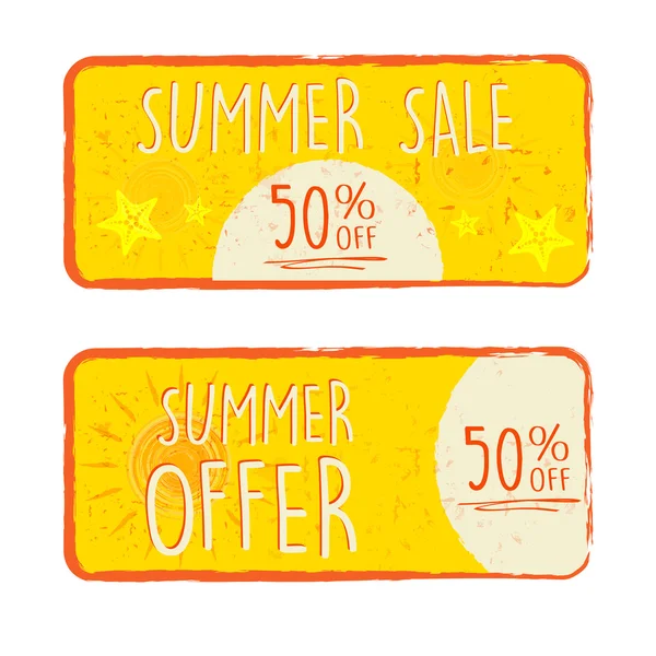 Summer sale and offer with 50 percentages off and sun and starfi — Stock Photo, Image