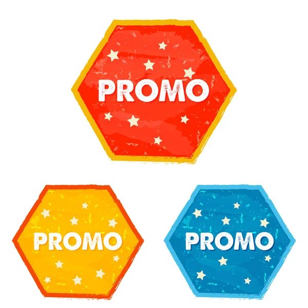 Promoción y estrellas, grunge diseño plano hexagones etiquetas — Foto de Stock