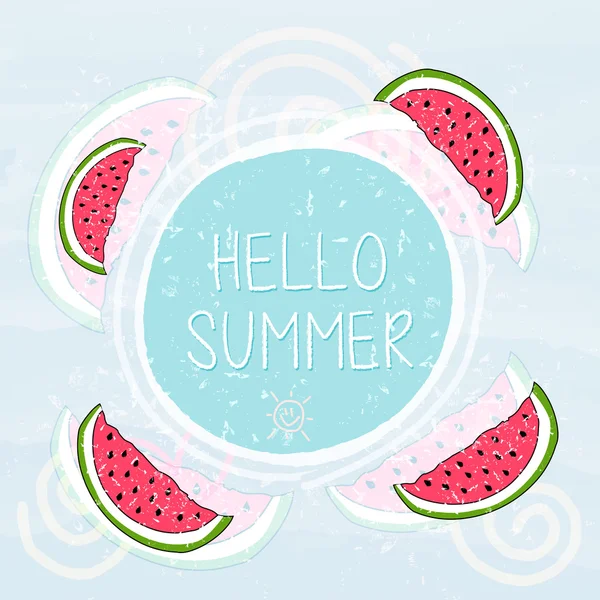 Olá verão no quadro com melancias e sorriso do sol, grung azul — Fotografia de Stock