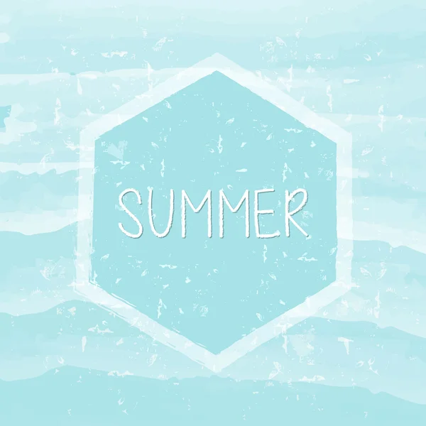 Sommer im Sechseckrahmen über blauen Wellen, Grunge gezeichnetes Etikett, vec — Stockvektor
