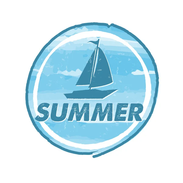 Verano con barco azul, grunge dibujado círculo etiqueta, vector — Vector de stock