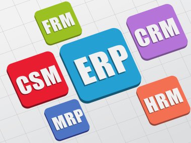 ERP, CSM, FRM, CRM, HRM, MRP in colors blocks, flat design, vect clipart
