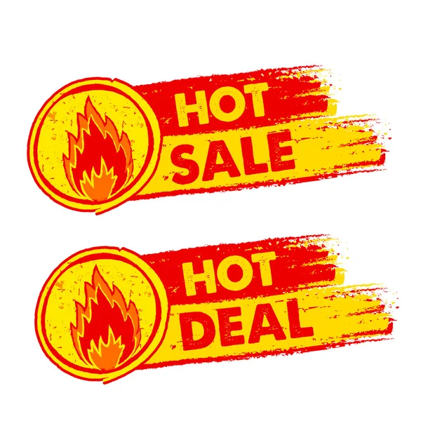 Sıcak satış ve yangın, sarı ve kırmızı üzerinde anlaşma flam etiketlerle çizilmiş — Stok Vektör